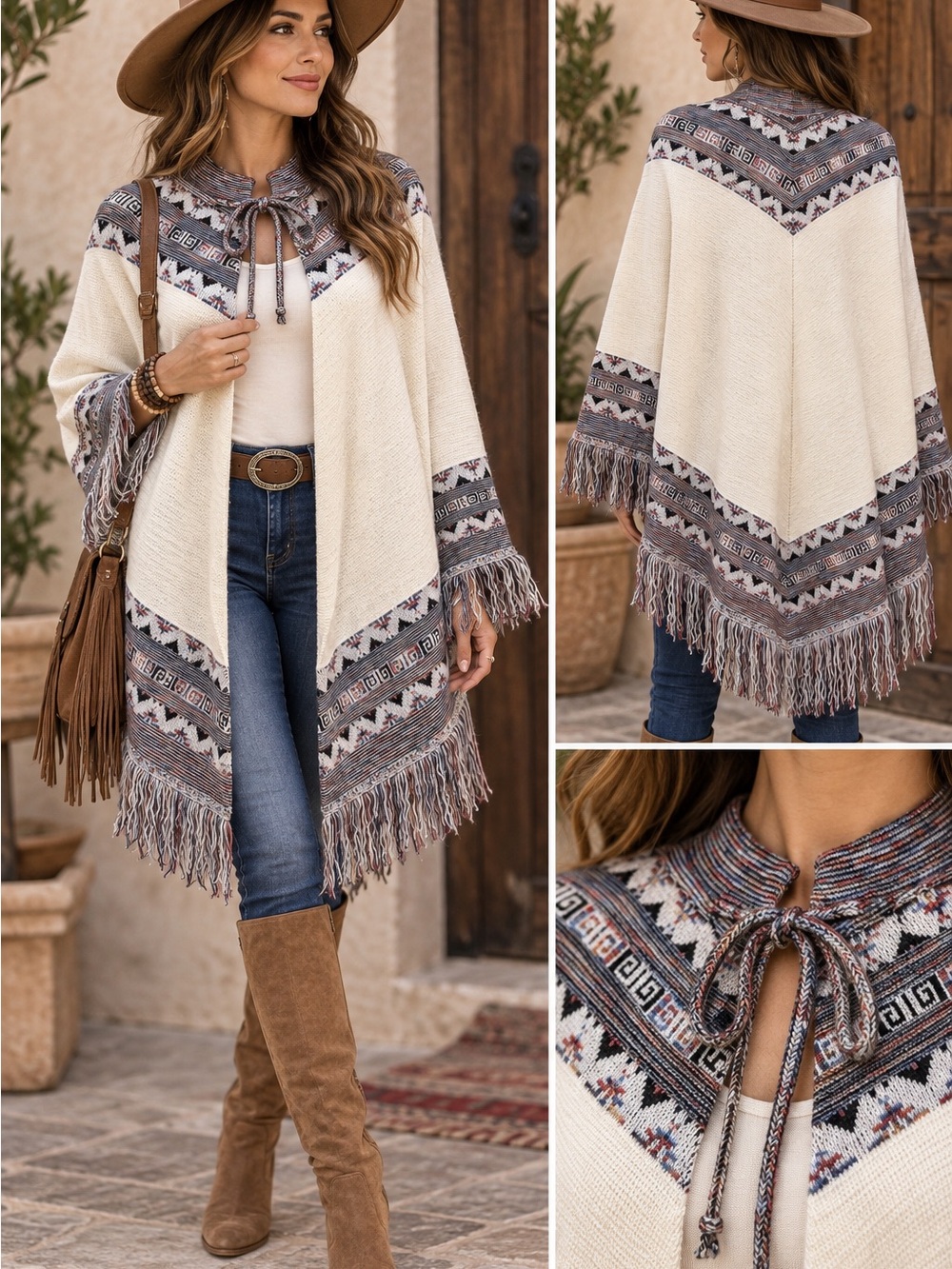 Vintage Boho Aztec Knit Poncho Cape Cream Geometric Fringe One Size